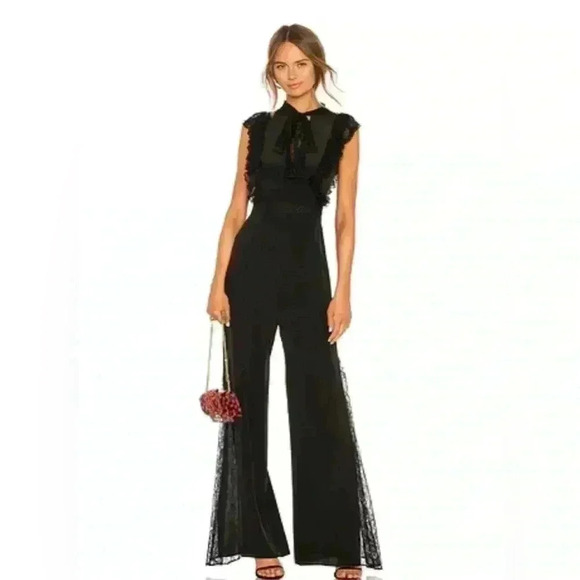 Alexis Gislane Black Lace Jumpsuit Small Silk Tie Neck Sleeveless Wide Leg $792 - Picture 1 of 5